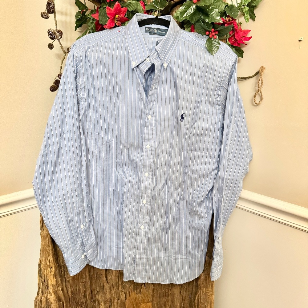 Men's Polo Ralph Lauren Long Sleeve Blue & White Pin Button Up Size 16 1/2 34/35